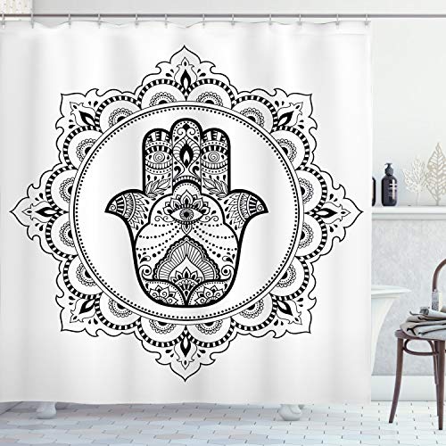 ABAKUHAUS Hamsa Duschvorhang, Mehndi Mandala Oriental, Stoffliches Gewebe Badezimmerdekorationsset mit Haken, 175 x 200 cm, Weiß Schwarz von ABAKUHAUS