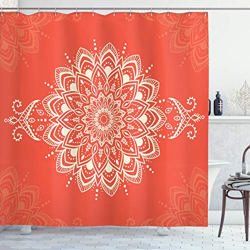 ABAKUHAUS Mandala Duschvorhang, Cosmos Konzept Mandala-Kunst, Stoffliches Gewebe Badezimmerdekorationsset mit Haken, 175 x 200 cm, Orange Elfenbein von ABAKUHAUS