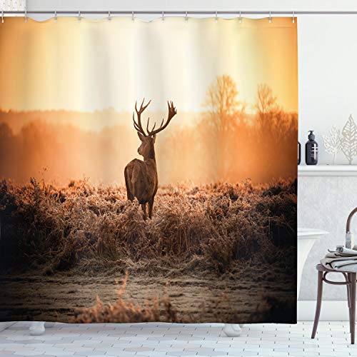 ABAKUHAUS Jagd Duschvorhang, Deer Morning Sun, Stoffliches Gewebe Badezimmerdekorationsset mit Haken, 175 x 200 cm, Orange Braun von ABAKUHAUS