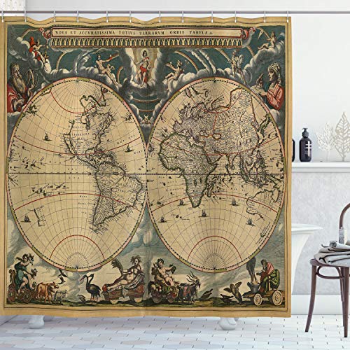 ABAKUHAUS Antik Duschvorhang, Alte Karte Welt, Stoffliches Gewebe Badezimmerdekorationsset mit Haken, 175 x 200 cm, Mehrfarbig von ABAKUHAUS