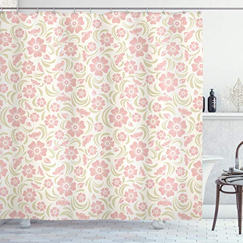 ABAKUHAUS Jahrgang Duschvorhang, Altmodisch Floral, mit 12 Ringe Set Stielvoll Modern, 175x200 cm, Hellgrün Weiß Puder Rosa von ABAKUHAUS