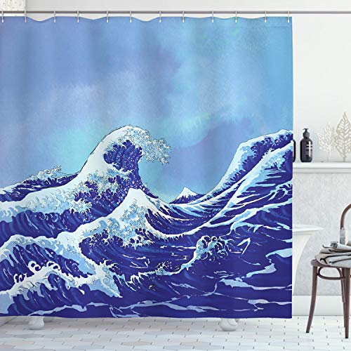 ABAKUHAUS Blau Duschvorhang, Big Tsunami Meer Natur, Stoffliches Gewebe Badezimmerdekorationsset mit Haken, 175 x 200 cm, Blassblau Königsblau von ABAKUHAUS