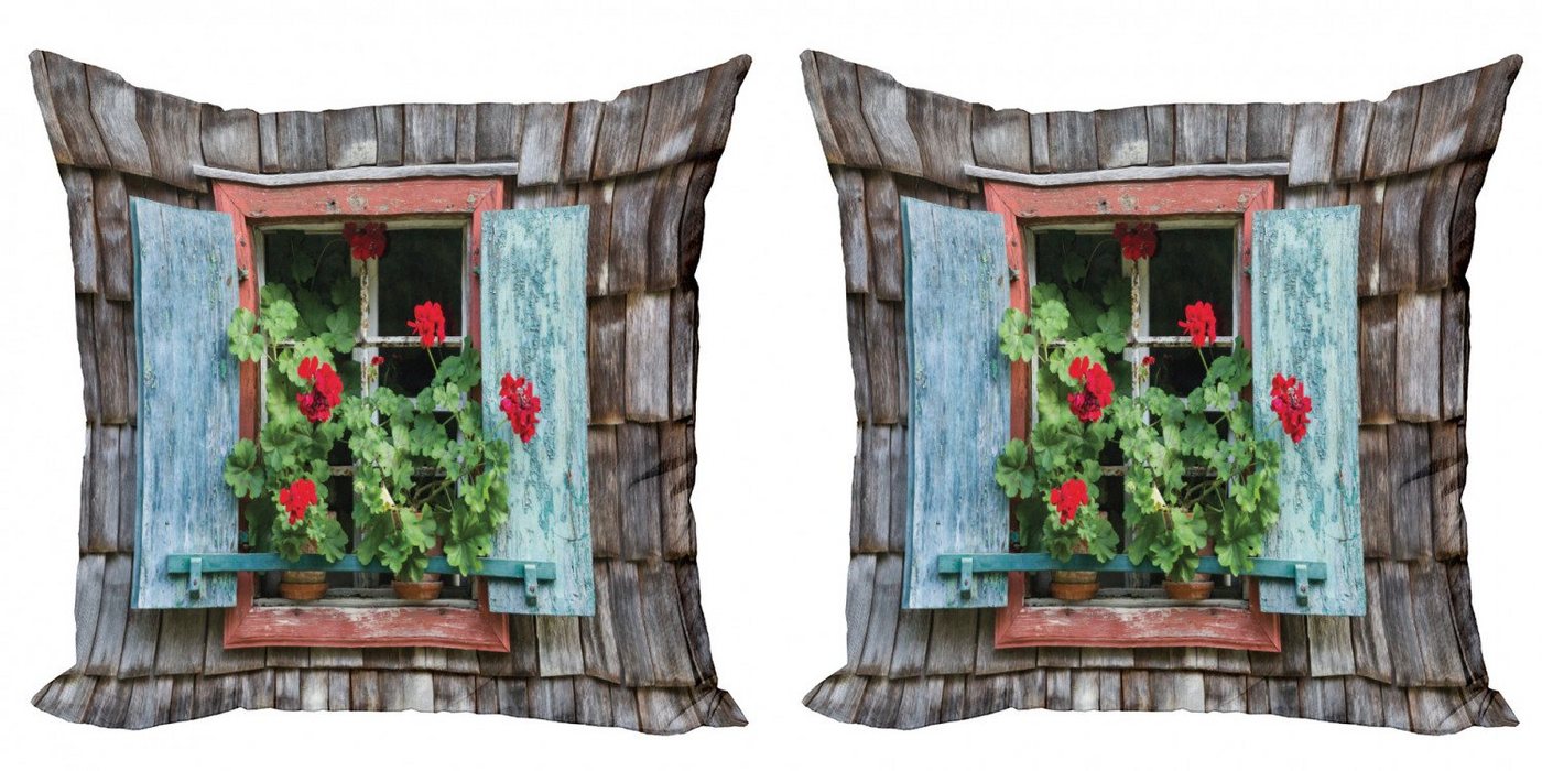 Kissenbezüge Modern Accent Doppelseitiger Digitaldruck, Abakuhaus (2 Stück), Pelargonien Blumen auf ländliche Fenster von Abakuhaus