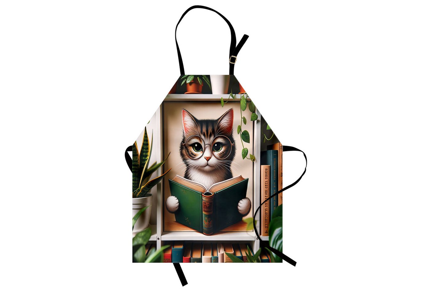 Abakuhaus Kochschürze Höhenverstellbar Klare Farben ohne verblassen, Katze Bücherwurm Kätzchen liest in botanischer Gemütlichkeit von Abakuhaus