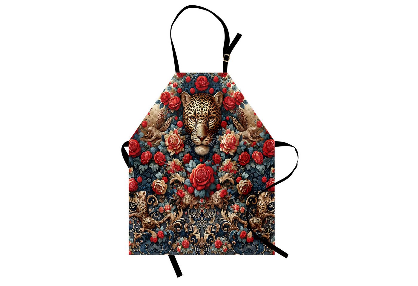 Abakuhaus Kochschürze Höhenverstellbar Klare Farben ohne verblassen, Leopard Rokoko Design Rote Rosen von Abakuhaus