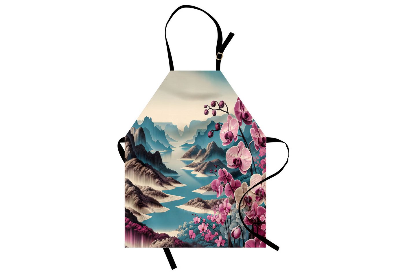 Abakuhaus Kochschürze Höhenverstellbar Klare Farben ohne verblassen, See Panorama Frühling Klippen Berge Orchideen von Abakuhaus