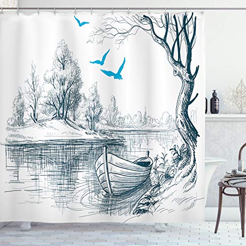 ABAKUHAUS Skizzenhaft Duschvorhang, Boot auf dem Fluss Zeichnung, Stoffliches Gewebe Badezimmerdekorationsset mit Haken, 175 x 240 cm, Weiß Grau Blau von ABAKUHAUS