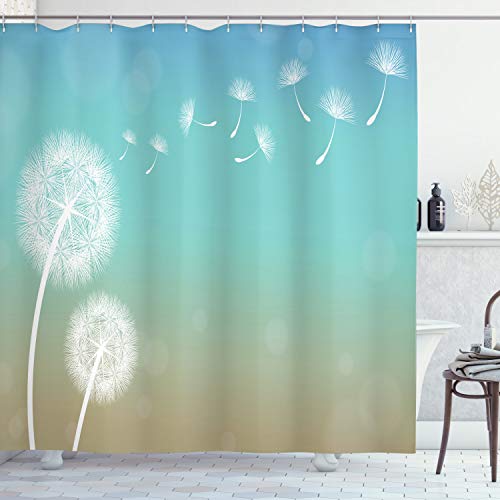 ABAKUHAUS Löwenzahn Duschvorhang, Blowball auf Wind, Stoffliches Gewebe Badezimmerdekorationsset mit Haken, 175 x 200 cm, Turquoise Tan Weiß von ABAKUHAUS
