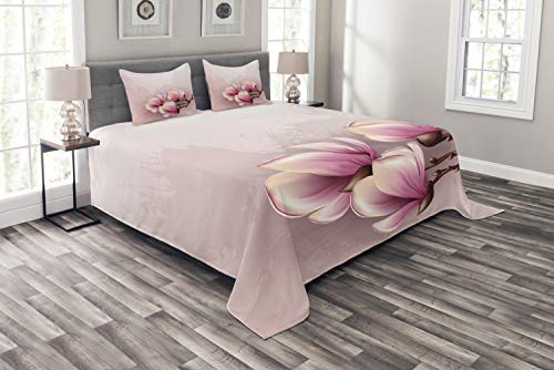 ABAKUHAUS Magnolie Tagesdecke Set, Fragile Blütenblätter, Set mit Kissenbezügen Sommerdecke, für Doppelbetten 220 x 220 cm, Baby Pink Braun und Rosa von ABAKUHAUS