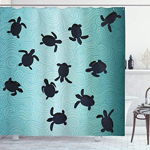 ABAKUHAUS Schildkröte Duschvorhang, Baby-Schildkröten Tief Sealife, Stoffliches Gewebe Badezimmerdekorationsset mit Haken, 175 x 200 cm, Teal Dunkelblau von ABAKUHAUS