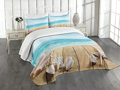 ABAKUHAUS Muscheln Tagesdecke Set, Sonnenschein Malediven Deck, Set mit Kissenbezügen Romantischer Stil, für Doppelbetten 220 x 220 cm, Sand BrownPale braunes beige von ABAKUHAUS