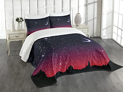 ABAKUHAUS Nacht Tagesdecke Set, Red Sky Starry Landschaft, Set mit Kissenbezügen farbfester Digitaldruck, für Doppelbetten 220 x 220 cm, Indigo Magenta Black von ABAKUHAUS