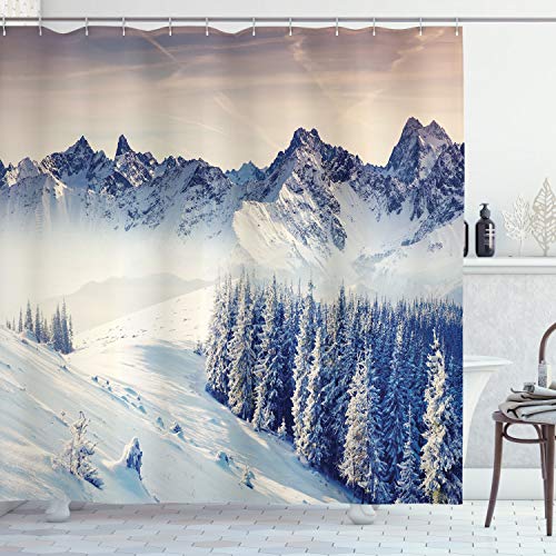 ABAKUHAUS Schwarz-Weiss Duschvorhang, Snowy-Winter-Ansicht, Stoffliches Gewebe Badezimmerdekorationsset mit Haken, 175 x 200 cm, Blau grau Weiß Grau von ABAKUHAUS