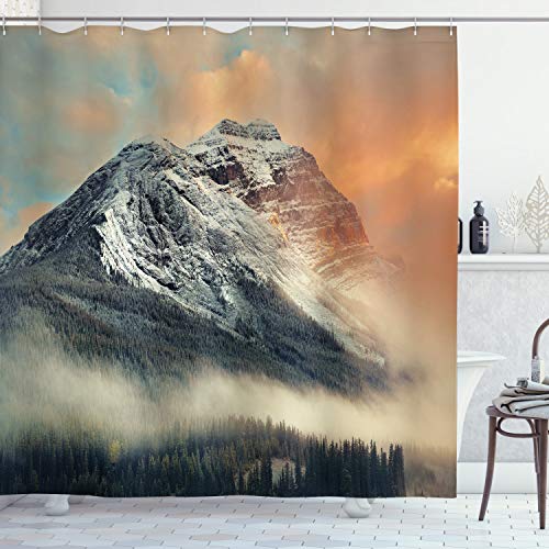 ABAKUHAUS Berge Duschvorhang, Snowy Peak Mountain, Stoffliches Gewebe Badezimmerdekorationsset mit Haken, 175 x 200 cm, Orange Grau von ABAKUHAUS