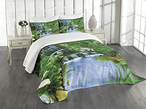 ABAKUHAUS Natur Tagesdecke Set, Wasserfall Rock Wald, Set mit Kissenbezügen Moderne Designs, für Doppelbetten 220 x 220 cm, Fern grün hellblau von ABAKUHAUS