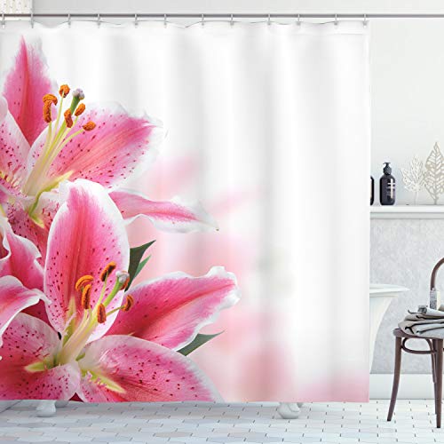 ABAKUHAUS Pink und Weiß Duschvorhang, Lilien Blumenstrauß, Stoffliches Gewebe Badezimmerdekorationsset mit Haken, 175 x 200 cm, Orange Grün Rosa von ABAKUHAUS