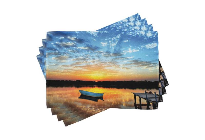 Abakuhaus Platzset Waschbare Stoff Esszimmer Küche Tischdekorations Digitaldruck, (4-teilig, 4-St., Set aus 4x), Angeln Kleines Boot auf Teich von Abakuhaus