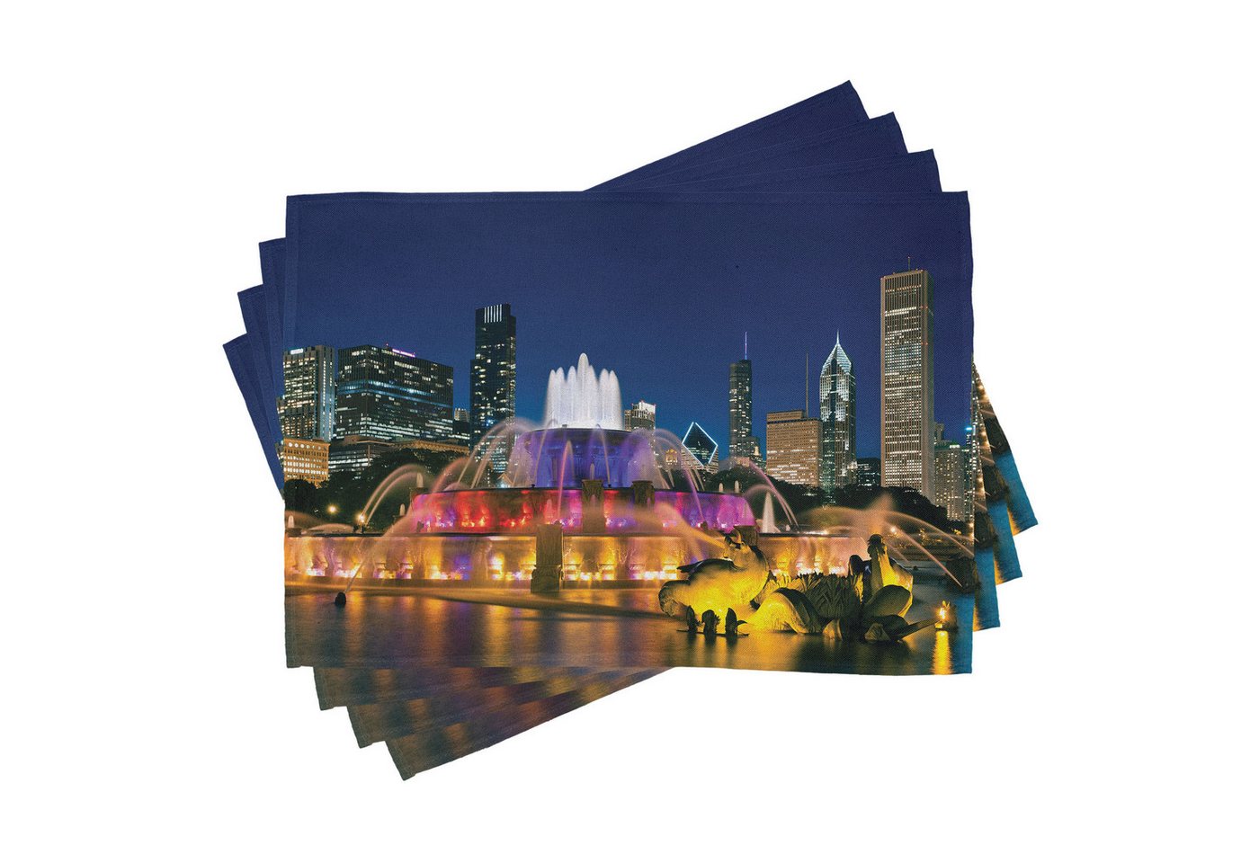 Abakuhaus Platzset Waschbare Stoff Esszimmer Küche Tischdekorations Digitaldruck, (4-teilig, 4-St., Set aus 4x), Chicago Skyline Landmark-Brunnen von Abakuhaus