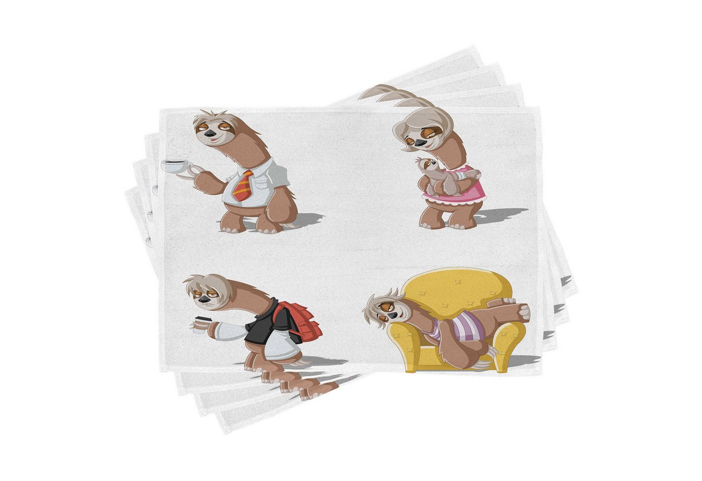 Abakuhaus Platzset Waschbare Stoff Esszimmer Küche Tischdekorations Digitaldruck, (4-teilig, 4-St., Set aus 4x), Faultier Lazy Sloth Familie Cartoon von Abakuhaus