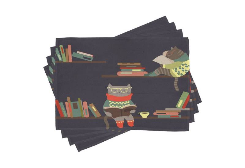 Abakuhaus Platzset Waschbare Stoff Esszimmer Küche Tischdekorations Digitaldruck, (4-teilig, 4-St., Set aus 4x), Gekritzel Lustige Bücherregal Lesende Katze von Abakuhaus