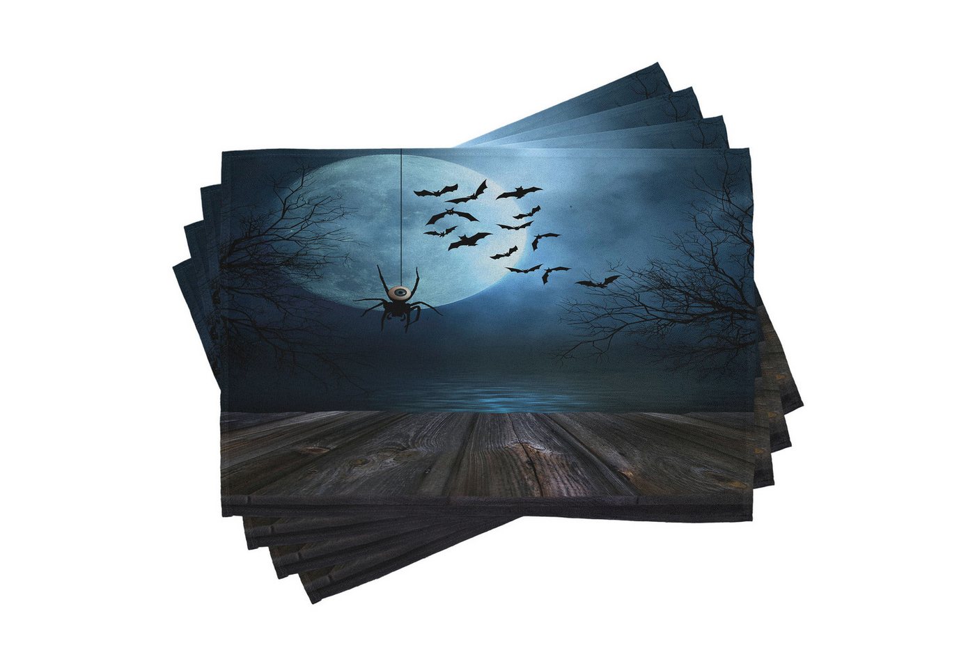 Abakuhaus Platzset Waschbare Stoff Esszimmer Küche Tischdekorations Digitaldruck, (4-teilig, 4-St., Set aus 4x), Halloween Lake Scene Bat von Abakuhaus