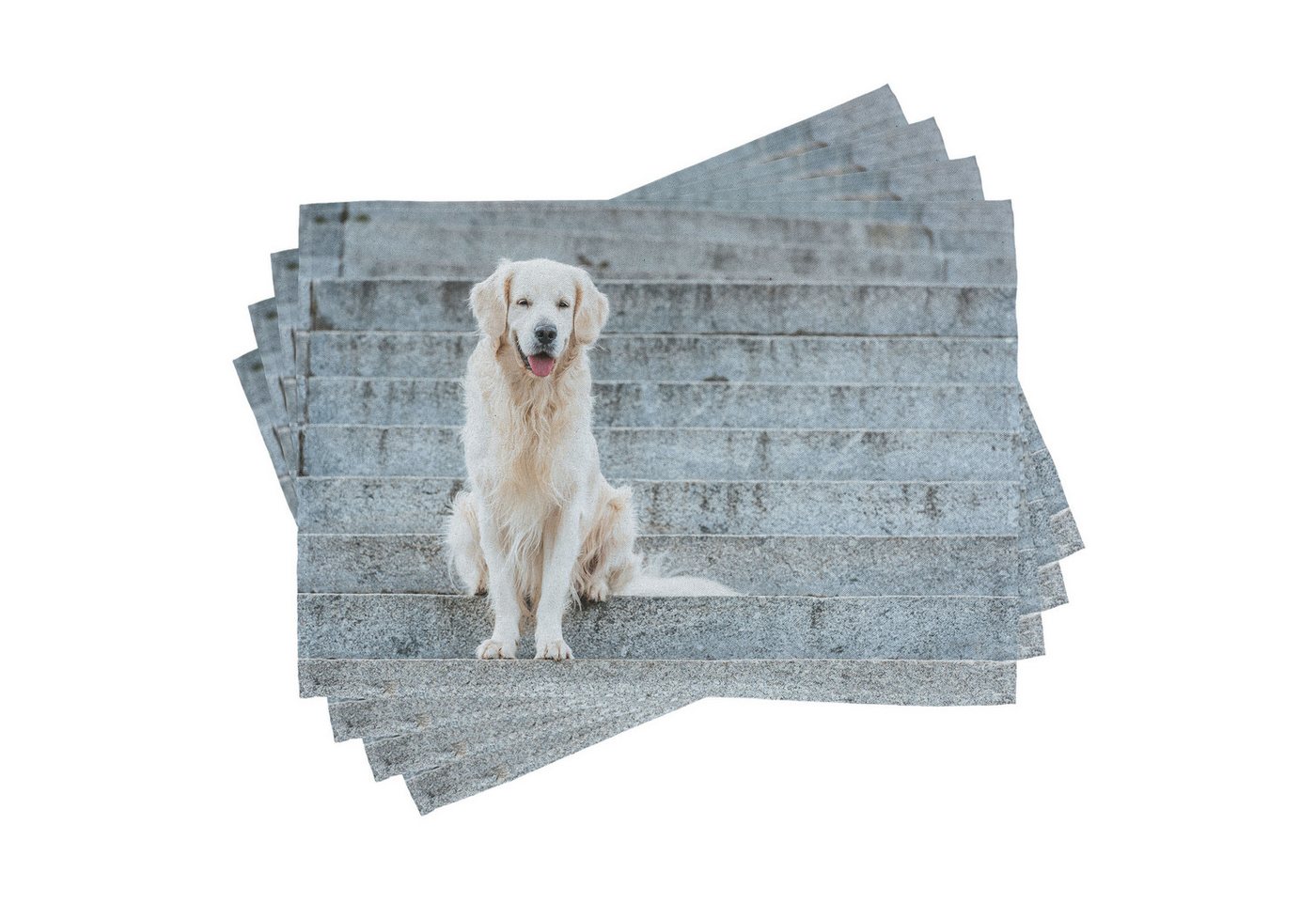 Abakuhaus Platzset Waschbare Stoff Esszimmer Küche Tischdekorations Digitaldruck, (4-teilig, 4-St., Set aus 4x), Hund Golden Retriever sitzen auf Treppen von Abakuhaus