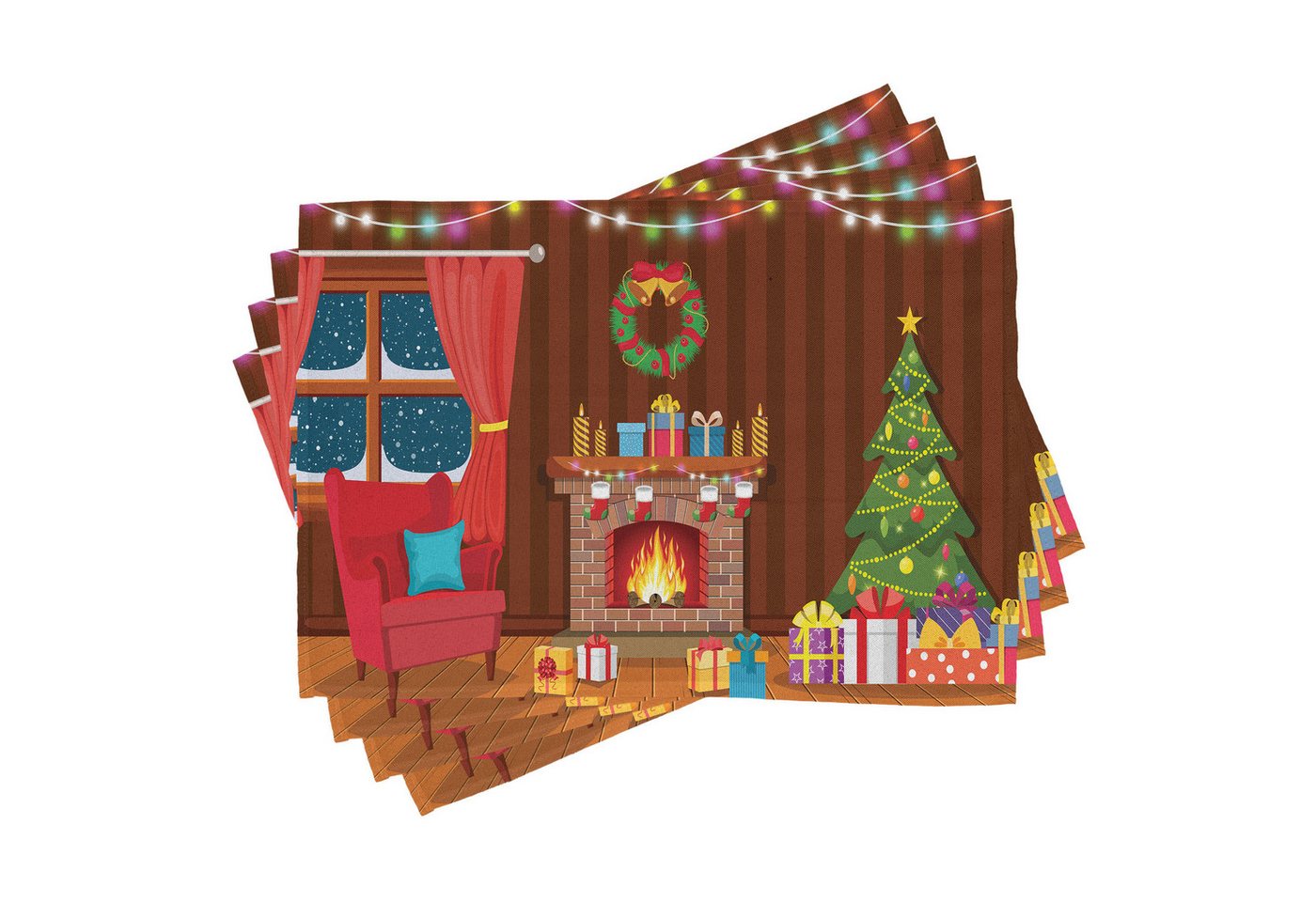 Abakuhaus Platzset Waschbare Stoff Esszimmer Küche Tischdekorations Digitaldruck, (4-teilig, 4-St., Set aus 4x), Kamin Weihnachten im Winter Night von Abakuhaus