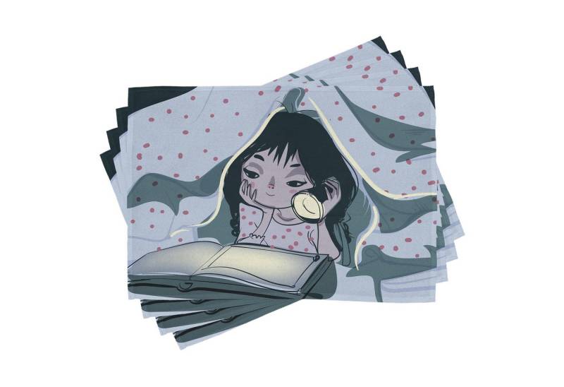 Abakuhaus Platzset Waschbare Stoff Esszimmer Küche Tischdekorations Digitaldruck, (4-teilig, 4-St., Set aus 4x), Karikatur Mädchen-Lesebuch auf Bett von Abakuhaus