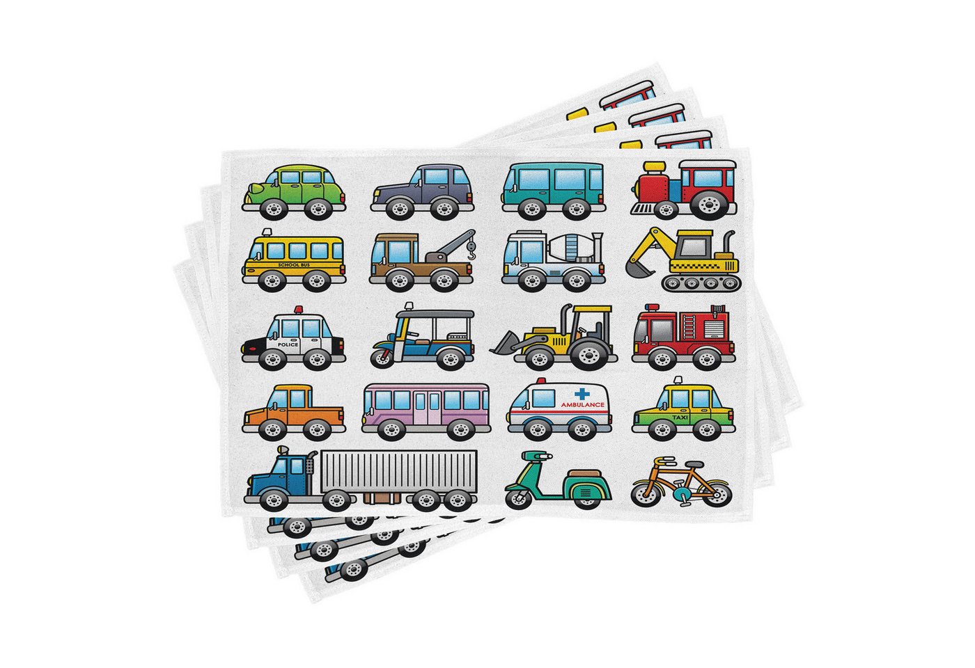 Abakuhaus Platzset Waschbare Stoff Esszimmer Küche Tischdekorations Digitaldruck, (4-teilig, 4-St., Set aus 4x), Kindergarten Land Transport Theme von Abakuhaus