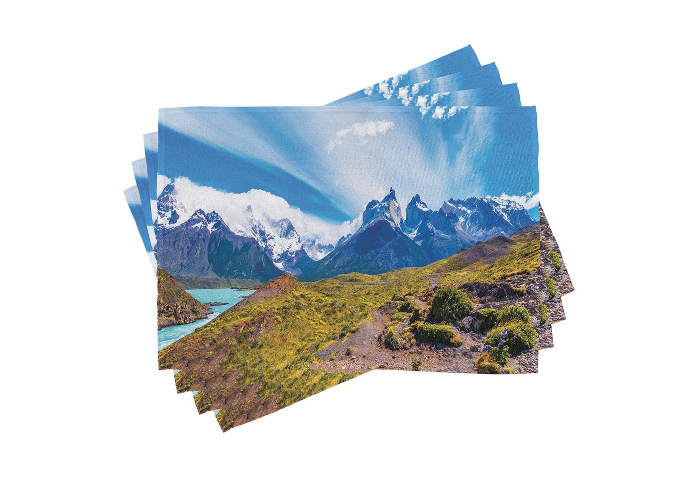Abakuhaus Platzset Waschbare Stoff Esszimmer Küche Tischdekorations Digitaldruck, (4-teilig, 4-St., Set aus 4x), Landschaft Pehoe See Torres Chile von Abakuhaus