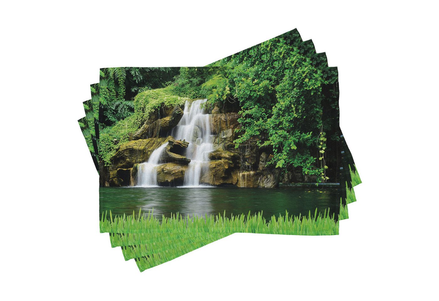 Abakuhaus Platzset Waschbare Stoff Esszimmer Küche Tischdekorations Digitaldruck, (4-teilig, 4-St., Set aus 4x), Natur Lake Garden Wasserfall von Abakuhaus