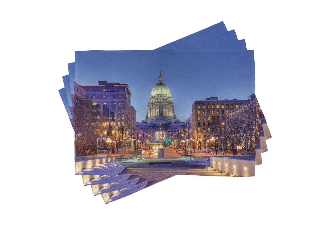 Abakuhaus Platzset Waschbare Stoff Esszimmer Küche Tischdekorations Digitaldruck, (4-teilig, 4-St., Set aus 4x), Wisconsin Landmark Building Winter- von Abakuhaus