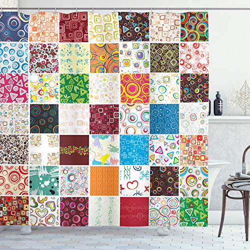 ABAKUHAUS Bunt Duschvorhang, Patchwork Retro Style, Stoffliches Gewebe Badezimmerdekorationsset mit Haken, 175 x 200 cm, Mehrfarbig von ABAKUHAUS