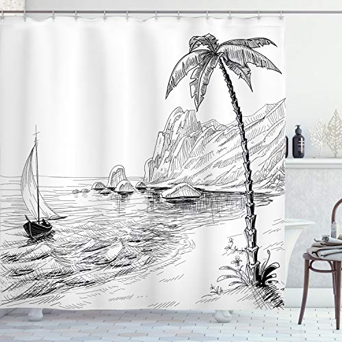 ABAKUHAUS Schwarz und weiß Duschvorhang, exotischer Urlaub, Stoffliches Gewebe Badezimmerdekorationsset mit Haken, 175 x 200 cm, Weiß Schwarz von ABAKUHAUS
