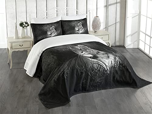 ABAKUHAUS Schwarz und weiß Tagesdecke Set, Bengalischer Tiger, Set mit Kissenbezügen farbfester Digitaldruck, für Doppelbetten 220 x 220 cm, Schwarz weiß von ABAKUHAUS