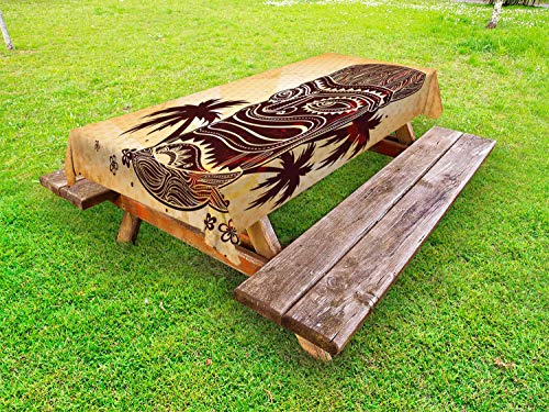 ABAKUHAUS Stammes Outdoor-Tischdecke, Traditionelle Tiki Maske Totem, dekorative waschbare Picknick-Tischdecke, 145 x 210 cm, Braun Sand von ABAKUHAUS