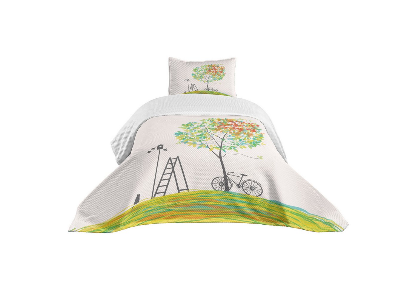 Abakuhaus Tagesdecke Set mit Kissenbezügen Waschbar, City Park Bäume Fahrrad Treppen Vogel Abakuhaus Tagesdecke Set mit Kissenbezügen Waschbar, City Park Bäume Fahrrad Treppen Vogel von Abakuhaus