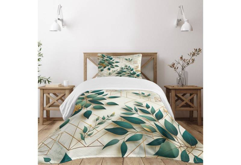 Abakuhaus Tagesdecke Set mit Kissenbezügen Waschbar, Eukalyptusblätter Moderne polygonale Herbstblüten Blattkunst von Abakuhaus