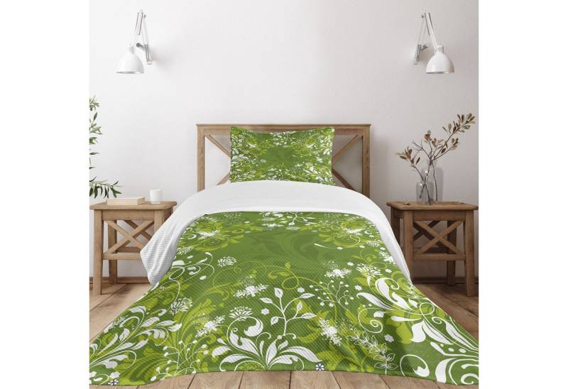 Abakuhaus Tagesdecke Set mit Kissenbezügen Waschbar, Grün Abstract Floral Natur von Abakuhaus