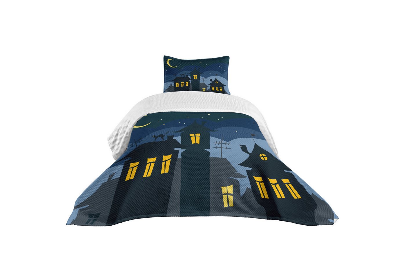 Abakuhaus Tagesdecke Set mit Kissenbezügen Waschbar, Halloween Cartoon Stadt mit Katze von Abakuhaus