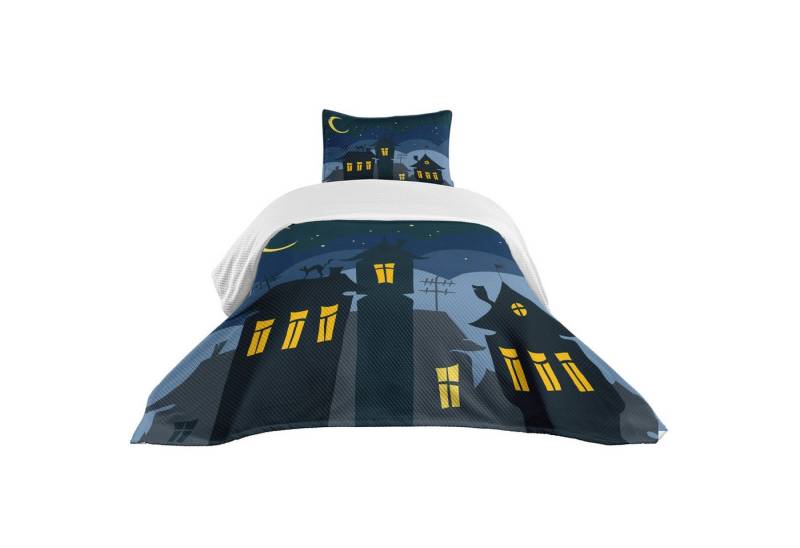Abakuhaus Tagesdecke Set mit Kissenbezügen Waschbar, Halloween Cartoon Stadt mit Katze von Abakuhaus