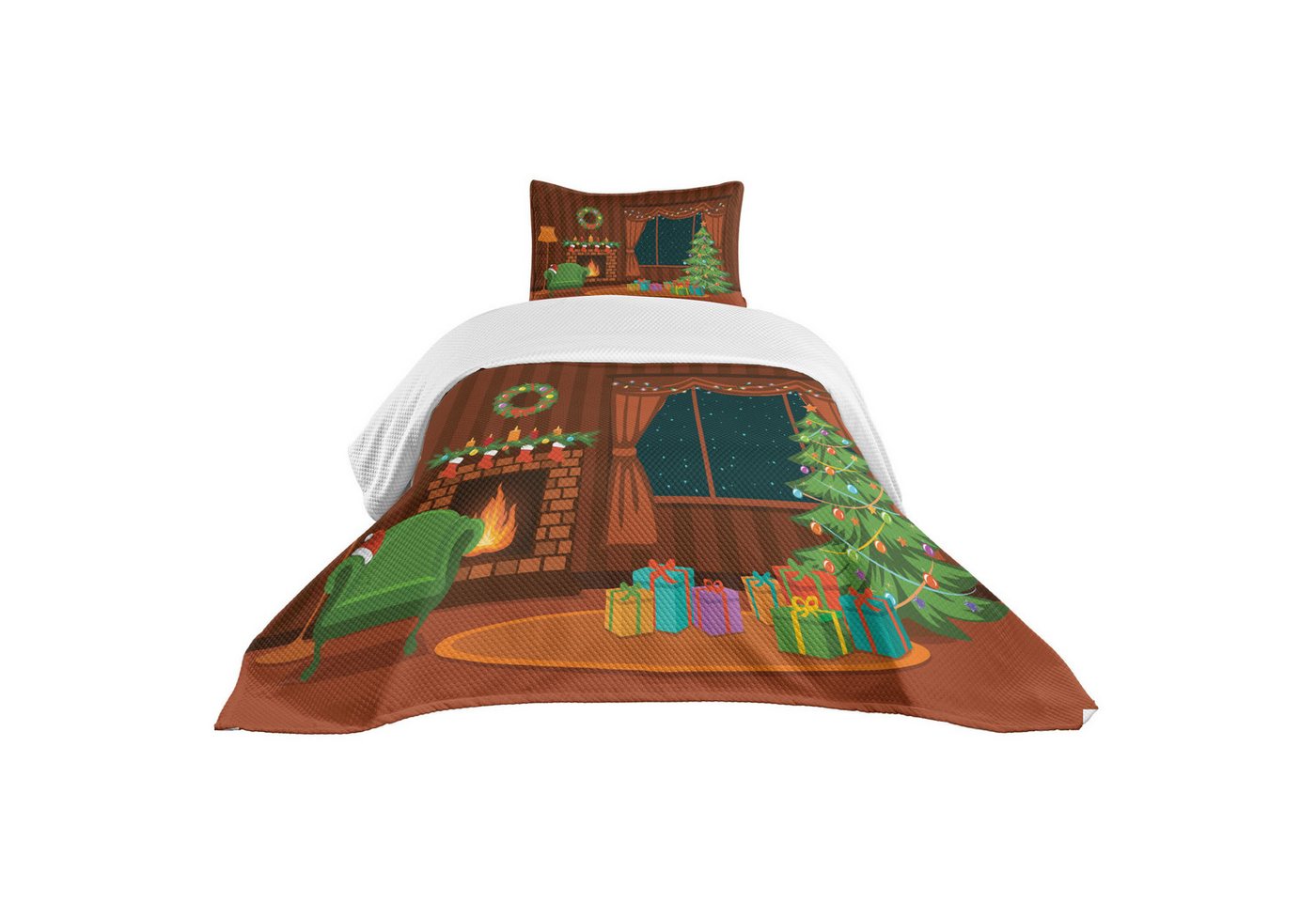 Abakuhaus Tagesdecke Set mit Kissenbezügen Waschbar, Kamin Cartoon-Weihnachtszimmer Abakuhaus Tagesdecke Set mit Kissenbezügen Waschbar, Kamin Cartoon-Weihnachtszimmer von Abakuhaus