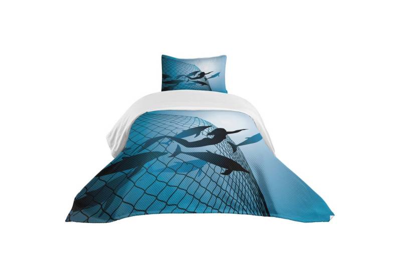 Abakuhaus Tagesdecke Set mit Kissenbezügen Waschbar, Meerjungfrau Flug von Delfinen von Abakuhaus