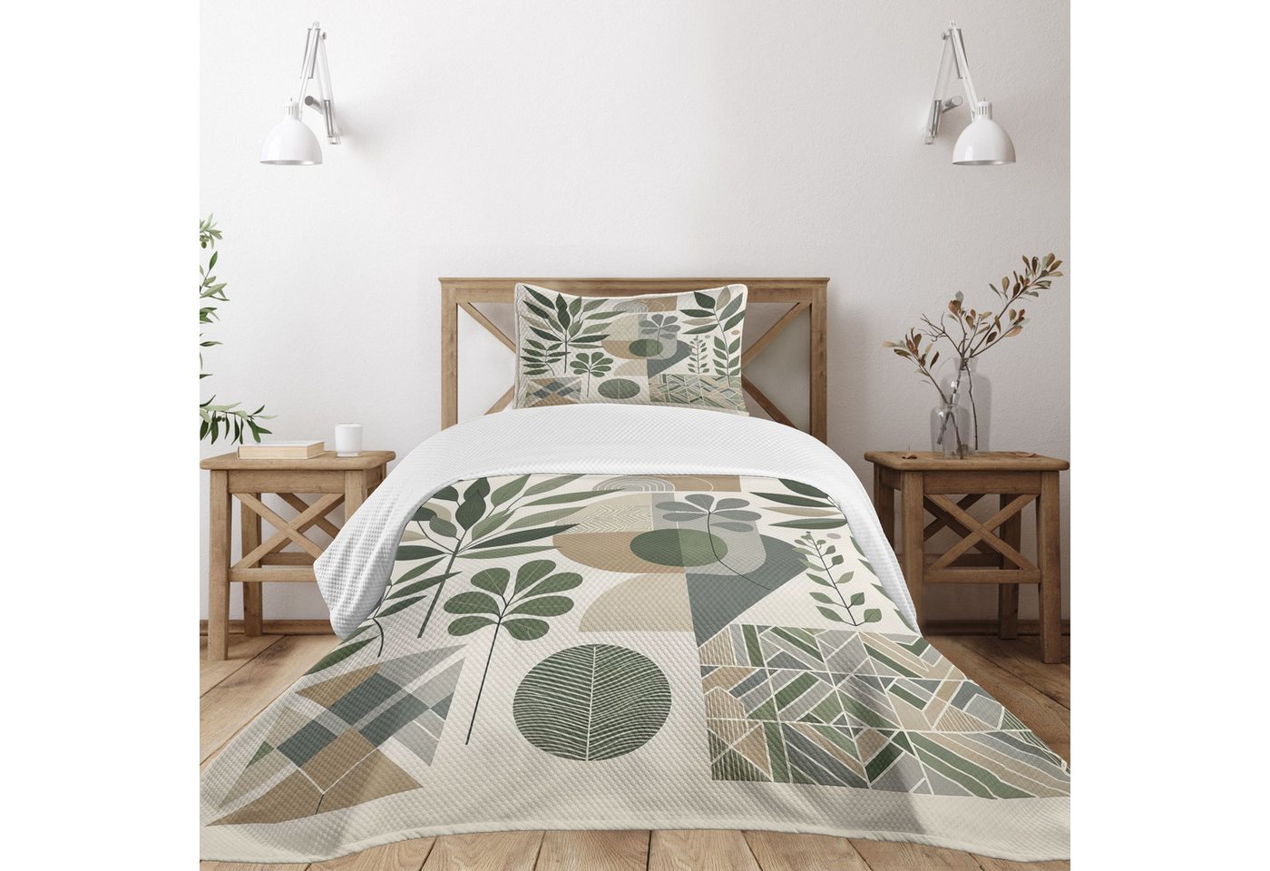 Abakuhaus Tagesdecke Set mit Kissenbezügen Waschbar, Monstera Boho Mid Century Geometrie Neutralgrün von Abakuhaus