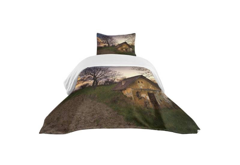 Abakuhaus Tagesdecke Set mit Kissenbezügen Waschbar, Rustikal Zerschlagene Stone House Abakuhaus Tagesdecke Set mit Kissenbezügen Waschbar, Rustikal Zerschlagene Stone House von Abakuhaus