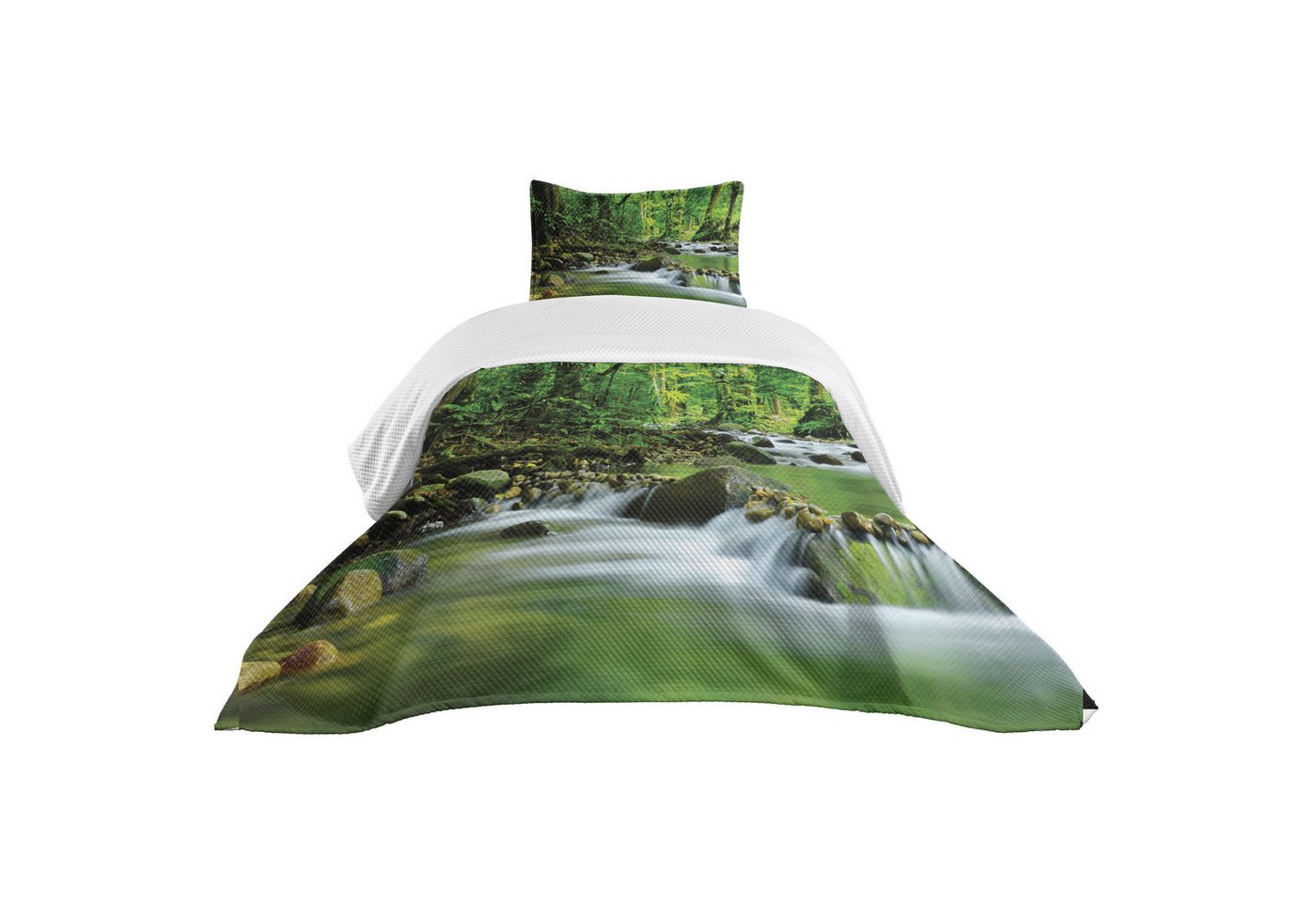 Abakuhaus Tagesdecke Set mit Kissenbezügen Waschbar, Wald Tropic Gebirgsbach von Abakuhaus