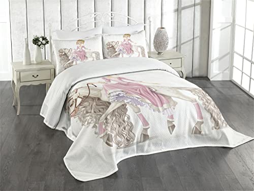 ABAKUHAUS Feminin Tagesdecke Set, Prinzessin auf weißem Pferd, Set mit Kissenbezügen Waschbar, für Einselbetten 170 x 220 cm, Rosa von ABAKUHAUS