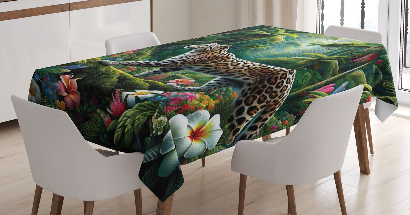 Abakuhaus Tischdecke Farbfest Waschbar Für den Außen Bereich geeignet Klare Farben, Katze Exotische Wilde Florale Dschungelszene von Abakuhaus