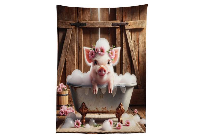 Abakuhaus Tischdecke Farbfest Waschbar Für den Außen Bereich geeignet Klare Farben, Rustikal Blumige Schwein Schaumbad Scheune von Abakuhaus