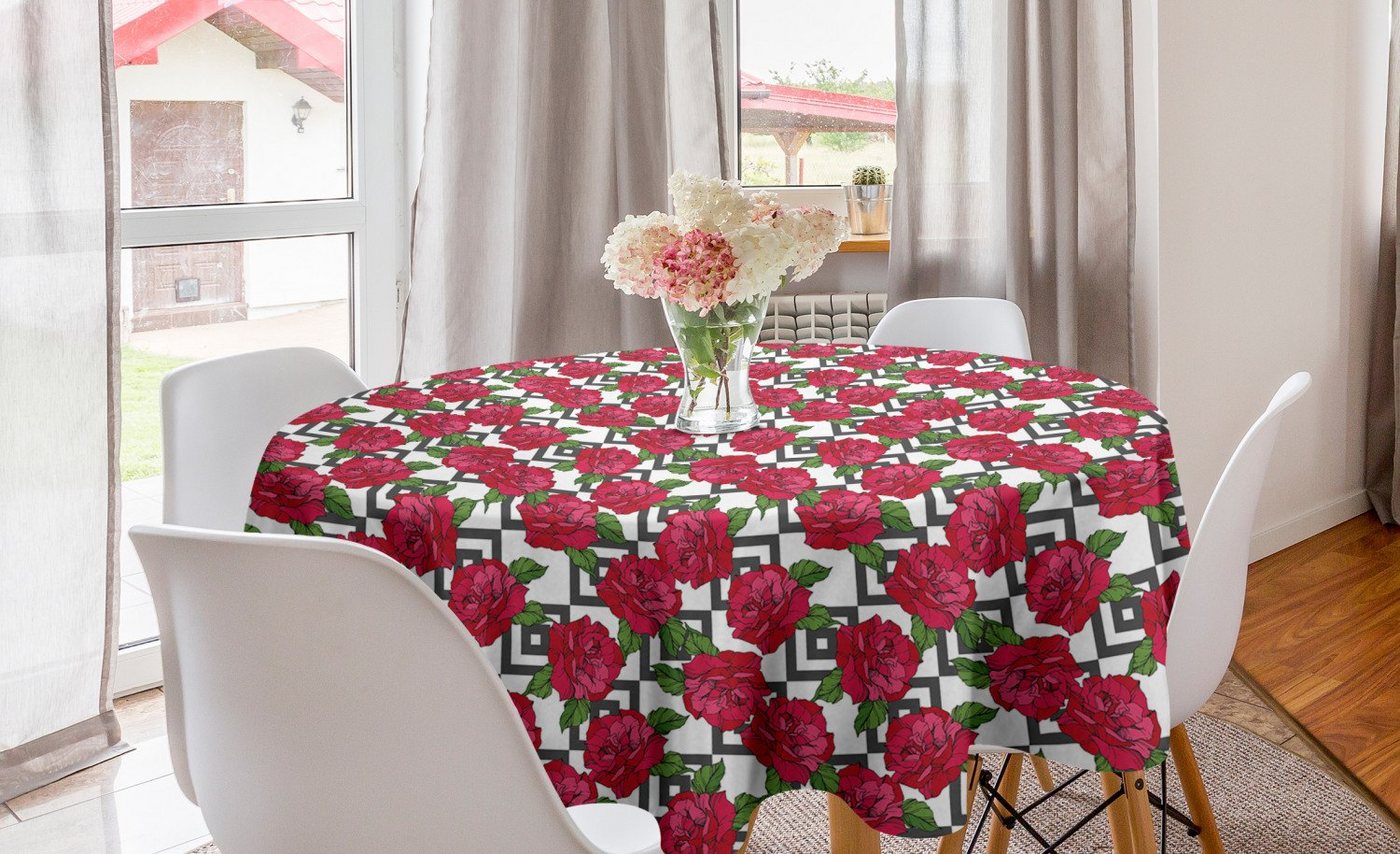 Abakuhaus Tischdecke Kreis Tischdecke Abdeckung für Esszimmer Küche Dekoration, Rosen Blumen auf Nested Squares von Abakuhaus